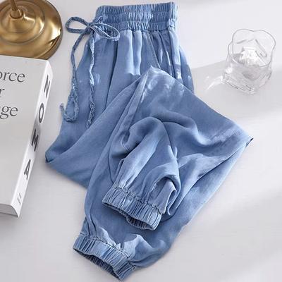 Ponadgabarytowe letnie cienkie dżinsy Halem dla kobiet koreański moda Casual lodowy jedwab Pantalones luźne spodnie dżinsowe z wysokim stanem