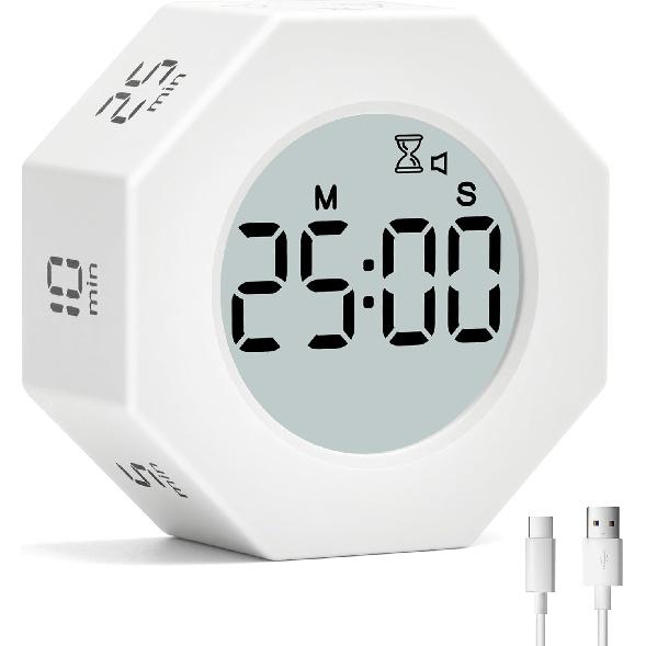 Pomodoro Timer with Clock,5, 25, 3,10,30,60,90 Minutes Preset, Desk Productivity Timer w/Gravity Sensor, Cube Timer for ADHD, Clock/Alarm Clock/Mute,