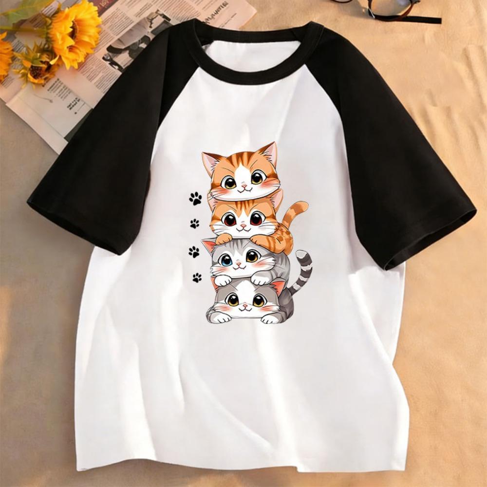 Kawaii Cat Kids Tshirts Summer Short Sleeve Tees Cartoon Animal Boys Girls Clothes Cute Kitten Tops Y2K Children T-shirt