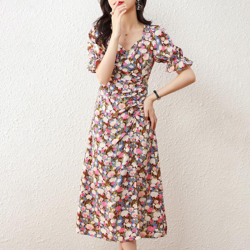 Srcr Women s Floral Print V-Neck Chiffon Midi Dress L