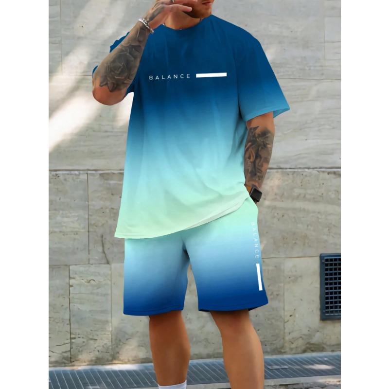 Trendy Gradient Color Short Sleeve T Shirt Shorts Set Plus Size Vacation Beach T-shirt Shorts 2-piece Set Loose Men's Clothing