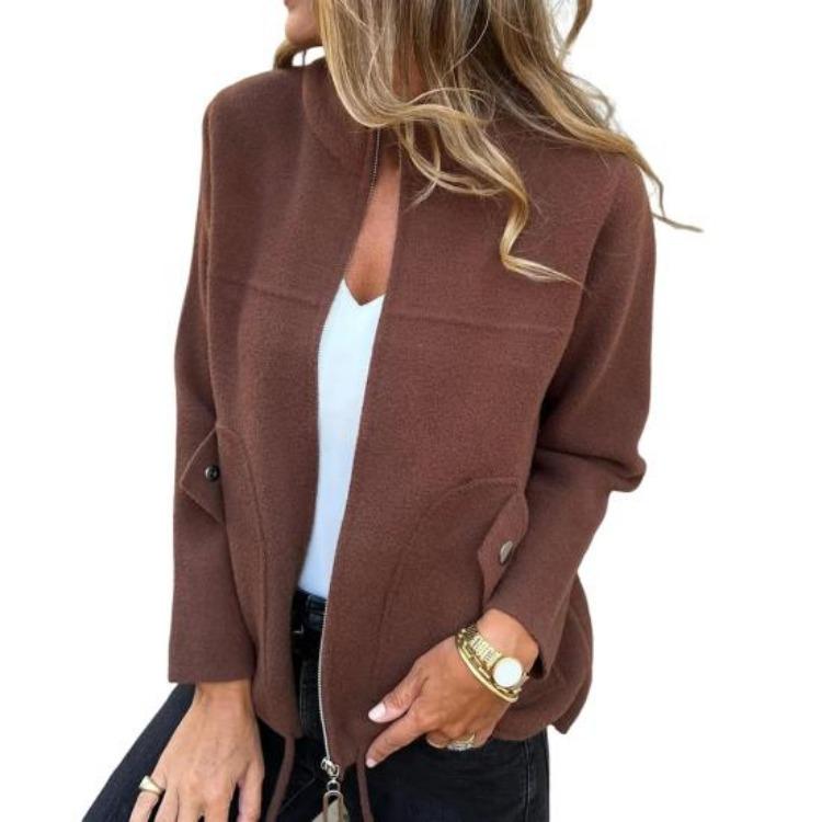 Women Woolen Coat Stand Collar Lightweight Warm Jacket Long Sleeve Solid Color Daily Wear with Pockets