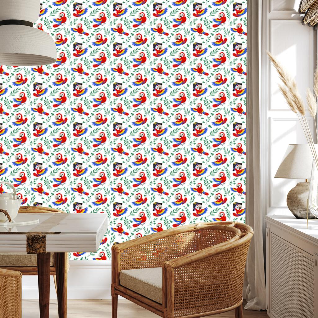 Parrot Wallpaper in white, light gray and coral for the living room and bedroom 50x1000