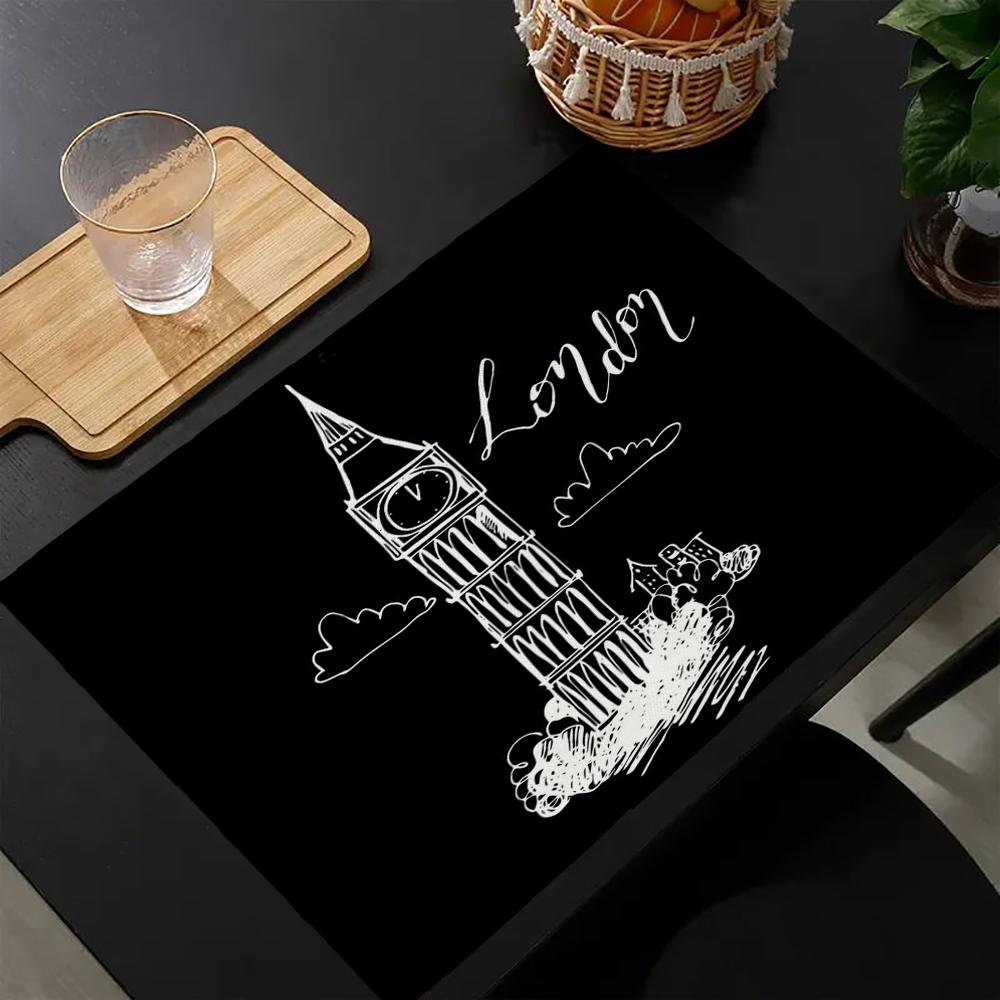 

london Linen Dining Table Mats Alphabet Kitchen Placemat 30X45cm Coasters Pads Bowl Cup Mat 30x45cm-4PC