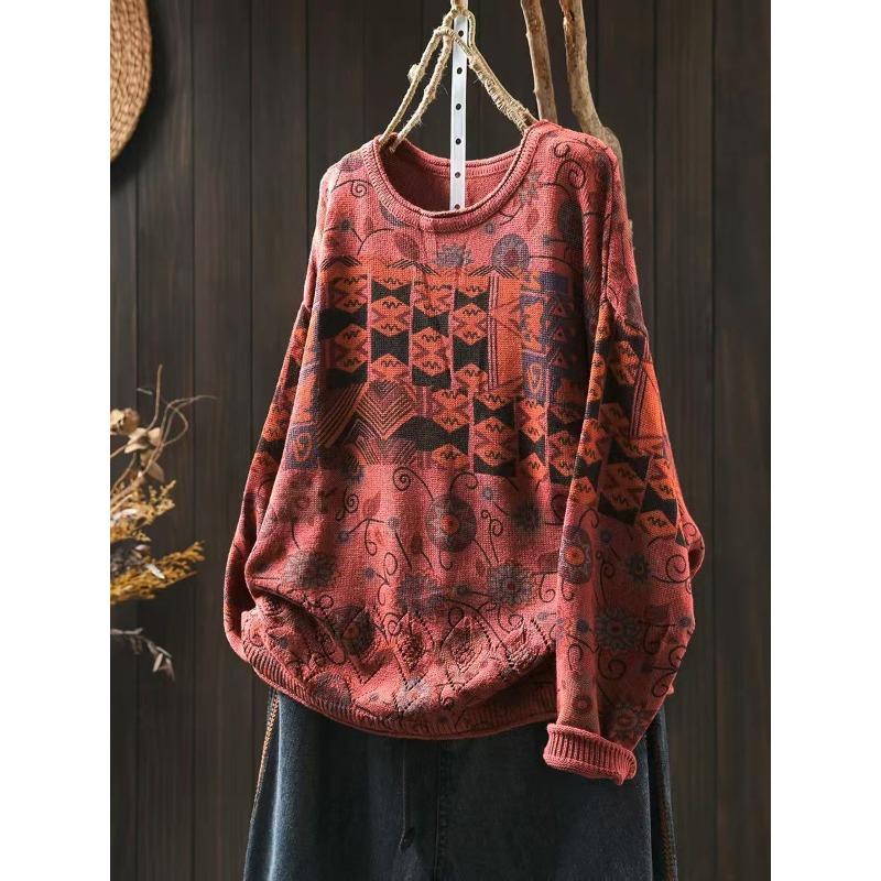 

Женская мода повседневная осень-зима с геометрическим принтом, длинный рукав, круглый вырез, свитера Size: One Size красный