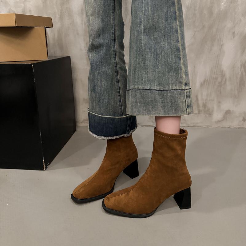 Fashion Autumn Winter Square Toe Slim Women Ankle Boots Street Style Party Short Plush Shoes High Heel Short Botas Mujer