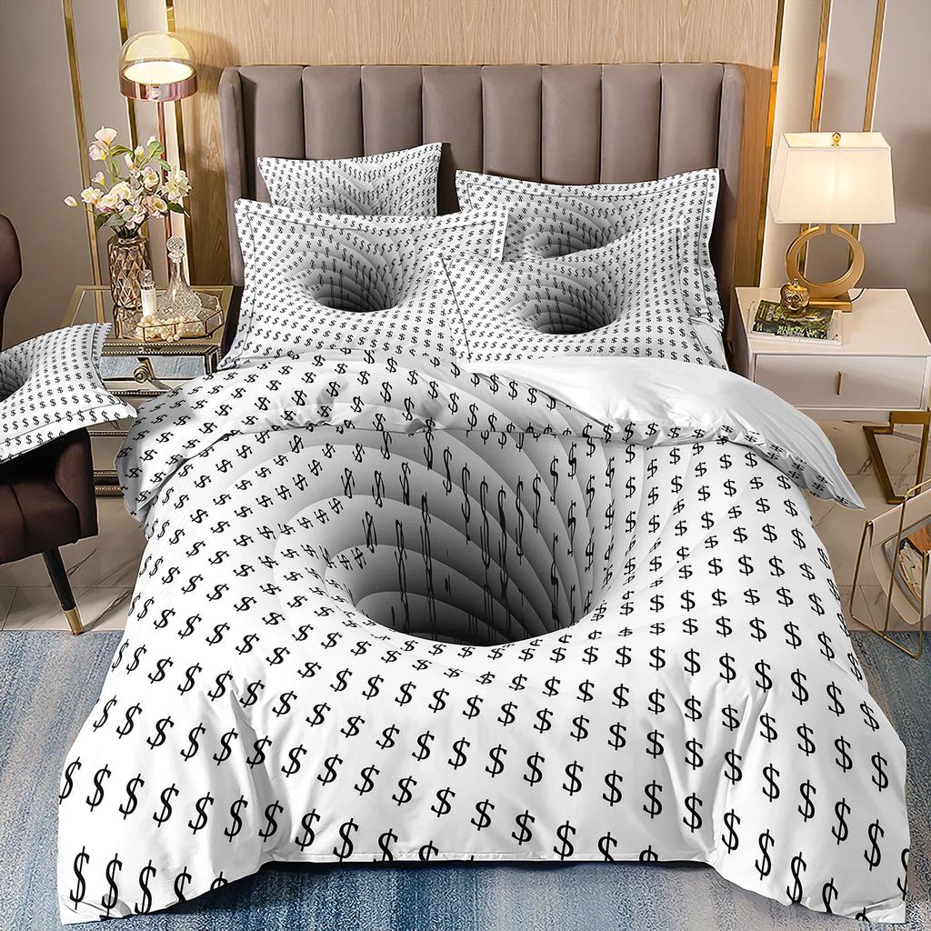 Durable Vibrant Double Polyester For Bed Abstract Style Print Honeycomb Pillowcover Black And White Quilt