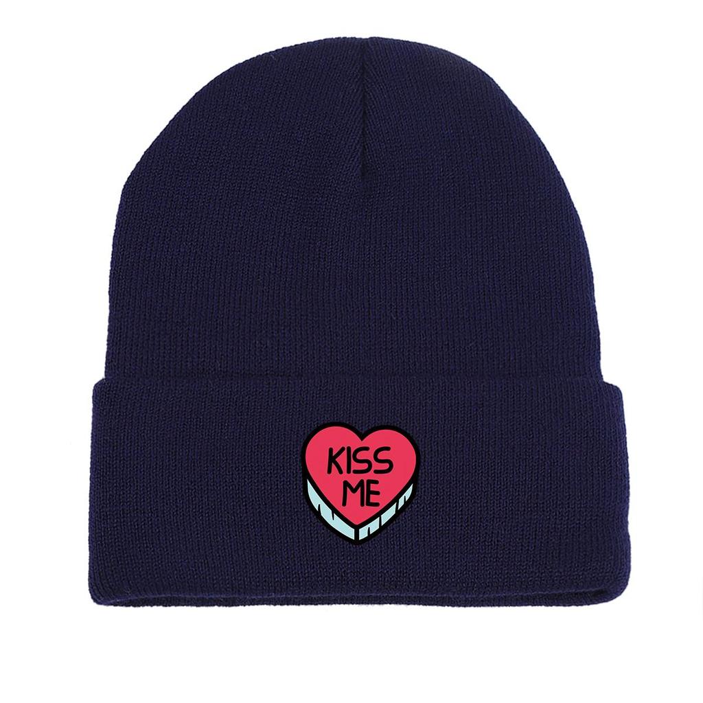 KISS ME" Heart Print Knit Cap Beanie, Valentine's Day Man Cap Soft Stretchy Unisex Bonnet Knitted Hat Beanie