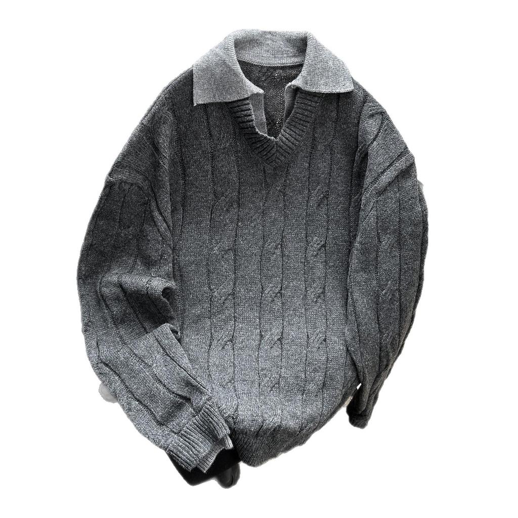 Men's Retro Loose Cable Knit Polo Sweater - Two-Piece Look, Versatile Autumn Pullover