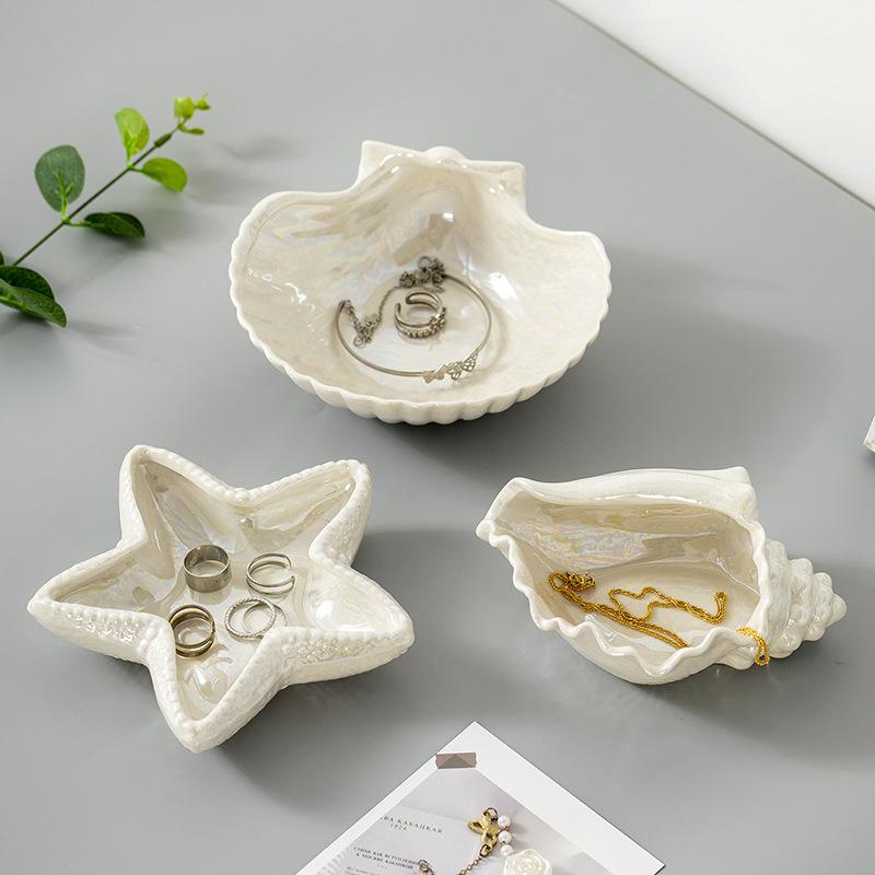 Seashell & Conch Ceramic Jewelry Tray – Instagrammable Desktop Decor for Organizing Beads, Craft Supplies & Accessories