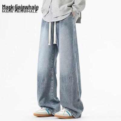 Mark Fairwhale Jeans de Verano para Hombre Americanos Retro Plisados de Pierna Recta con Cordón