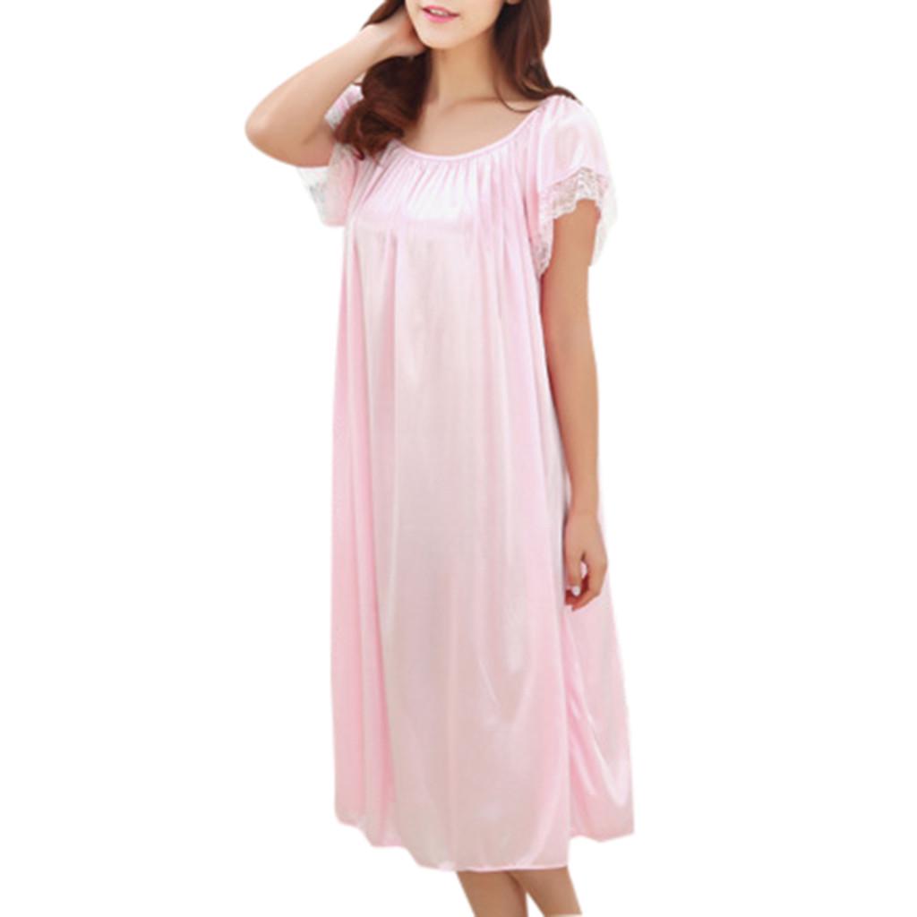 Women Summer Home Lace Ice Silk Short Sleeve Loose Plus Oversize Nightgown Dress