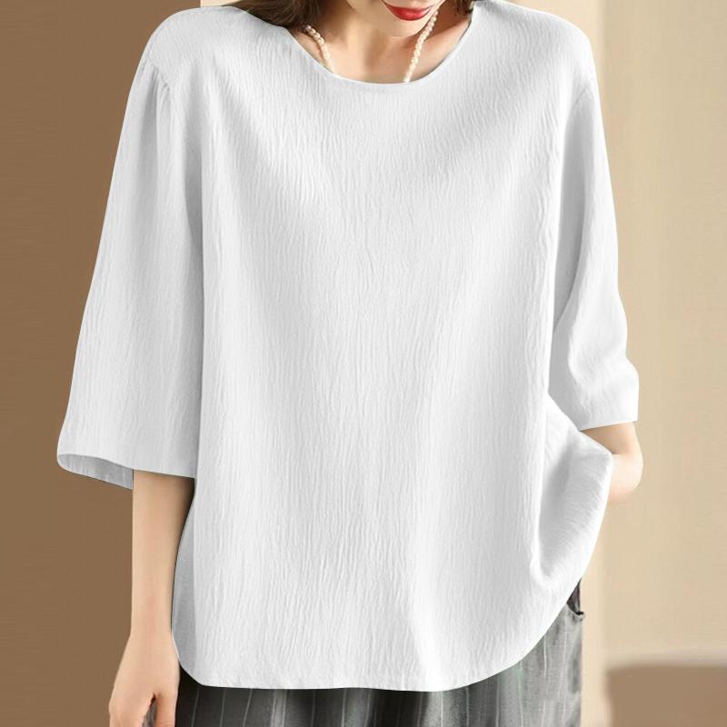 

ZANZEA Женская повседневная блузка с круглым вырезом, свободного кроя, с рукавами 3/4, однотонная 4XL