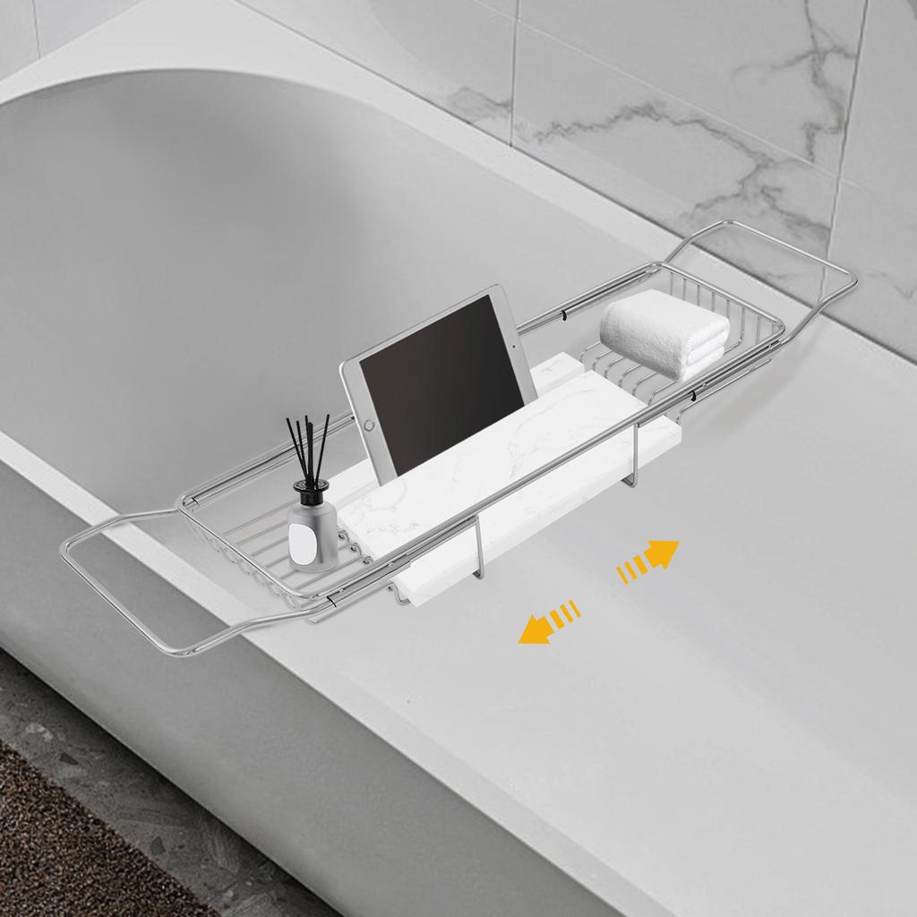 201 Stainless Steel 68-90CM Expandable Bathtub Tray,Silver+White Marble Rectangular Bathtub Tray,Bathtub Mount for Home