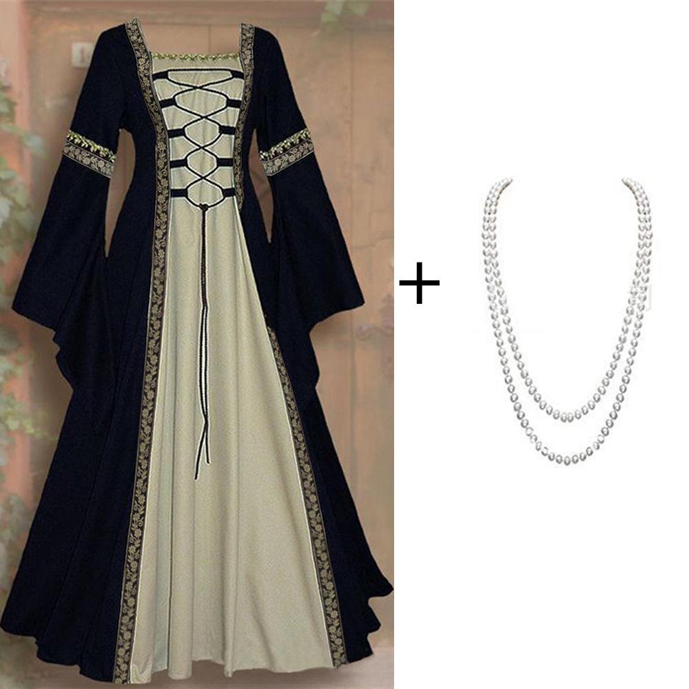 

Готическое Ретро Средневековое Платье с Кружевом на Шнуровке и Рюшами - Женский Костюм для Выступлений с Длинным Рукавом S