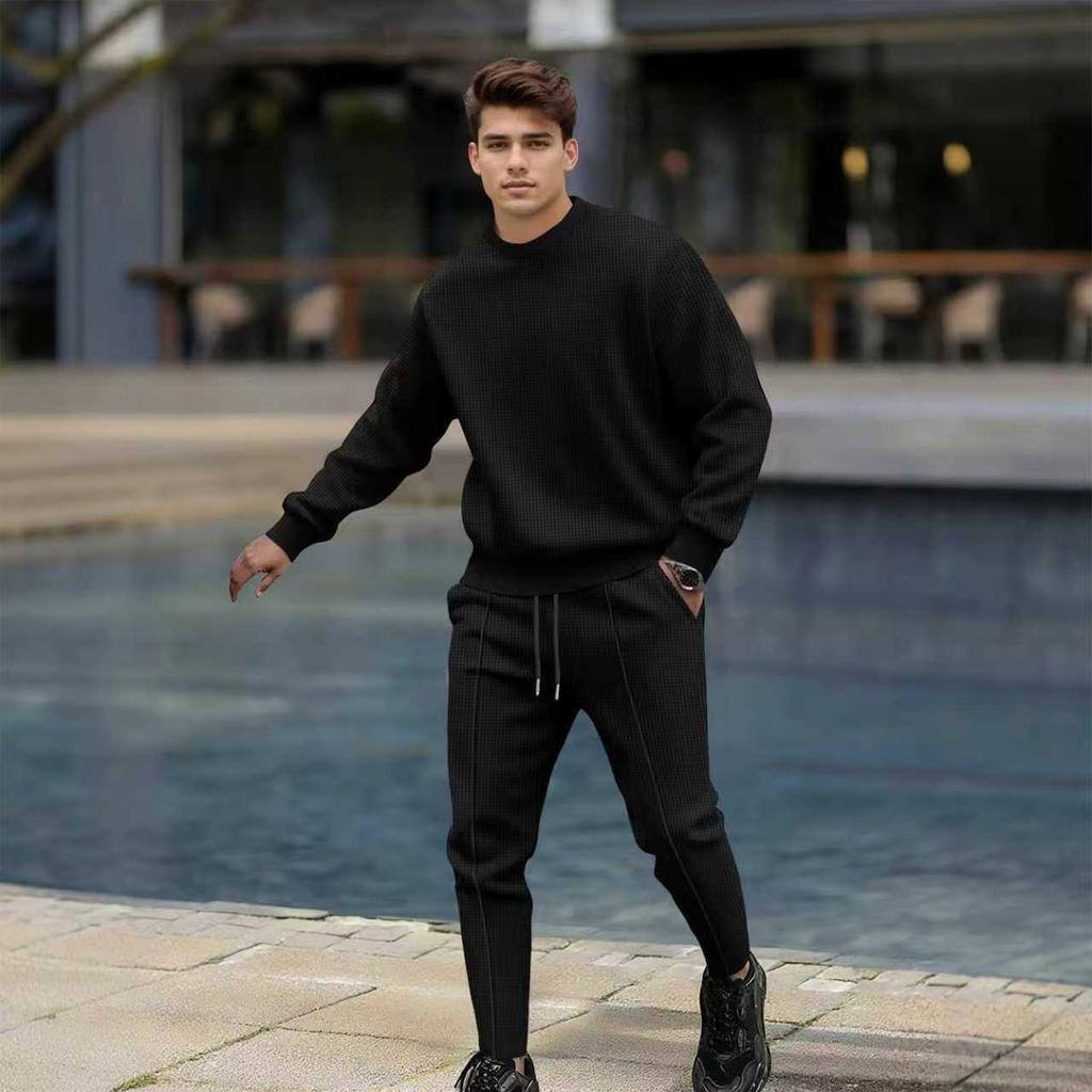 Men's Solid Color Pullover Long Sleeved Casual Sports Round Neck Top And Trousers Suit