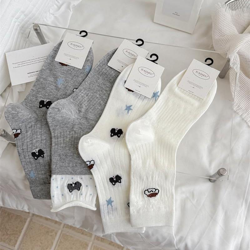 2026 Girls' Trendy Cartoon Mid-Calf Cotton Socks - Seamless, Cute, Puffy White Design