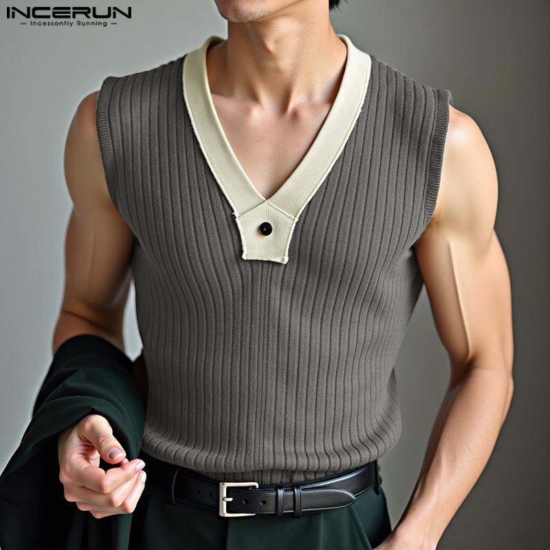 

INCERUN Men V Neck Sleeveless Patchwork Rib Casual Tank Tops Undershirts 5XL сірий колір