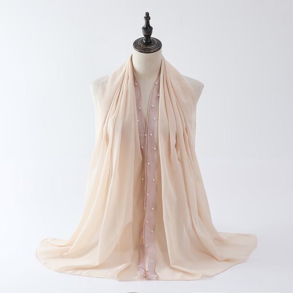 Luxury Pearl Chiffon Scarf Soft Solid Long Scarves Thin Hijab Muslim Women'S Headscarf Ethnic Turban Shawl 70*175Cm