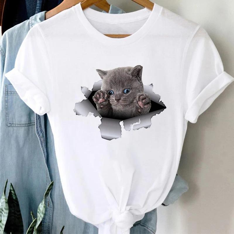 Harajuku Women's Short Sleeve T Shirt Casual White Tops Female Clothing T-shirt Cat Print Ladies Gothic Tshirts