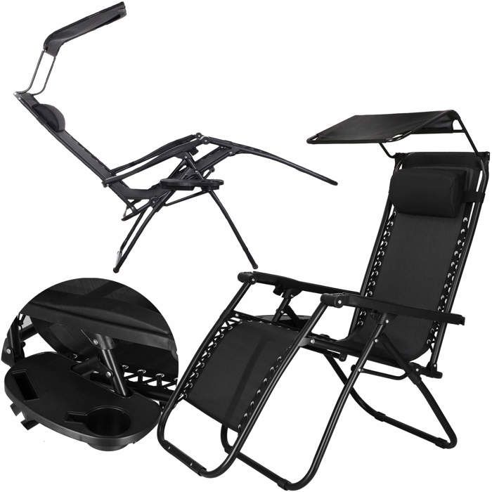Chaise longue avec pare-soleil SPRINGOS - Noir - 62 x 110 cm - Charge max. 130 kg - Hauteur totale 112 cm