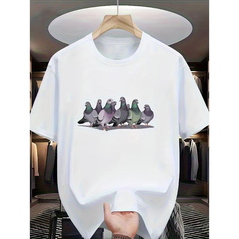 European sizes A Round-Neck Short-Sleeve T-Shirt Featuring a Colorful, Realistic Illustration of a Group of Cute Pigeons on The Front S белый