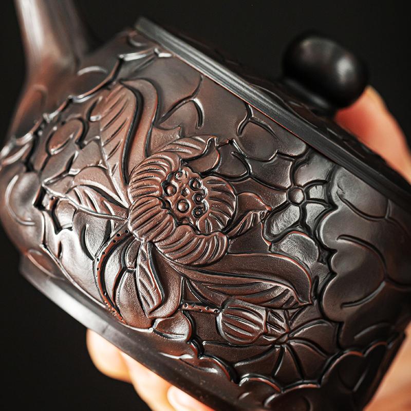 Jianshui Purple Pottery LotusTeapot Hand Painted Antique Relief Teapot Household Teapot Kungfu Tea Set Kettle