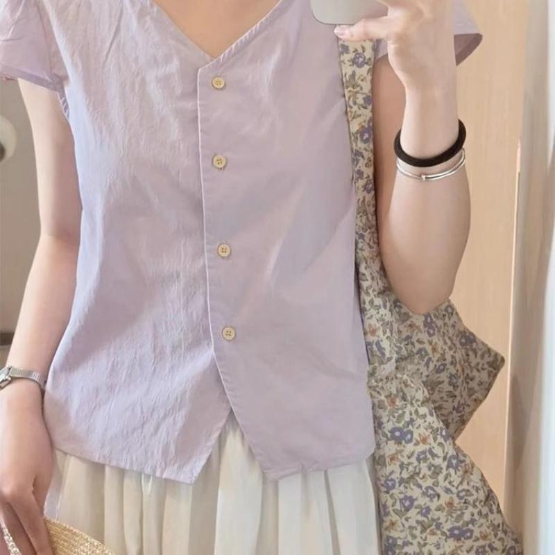 

Светло-фиолетовые женские рубашки без рукавов, милая и универсальная женская блузка с V-образным вырезом, корейская минималистичная женская одежда One Size фиолетовый