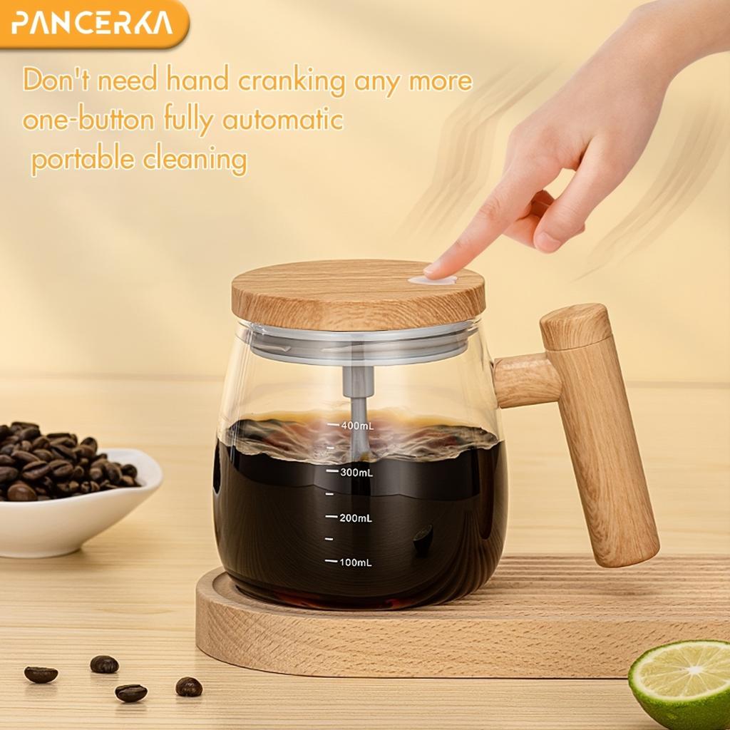 400ml Electric Self-Stirring Mug - High Borosilicate Glass Mixing Cup with Wooden Handle for Coffee, Milk, Protein Powder - Ideal for Home, Office