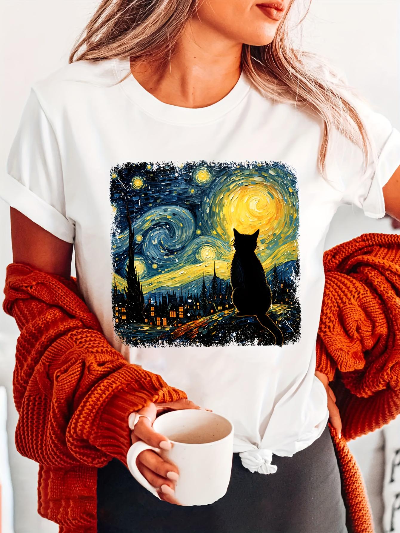 

Womens Plus Size Van Gogh Starry Night Cat Tshirt Cotton Breathable Fashionable and Versatile Unisex Streetwear Oversized 2XL