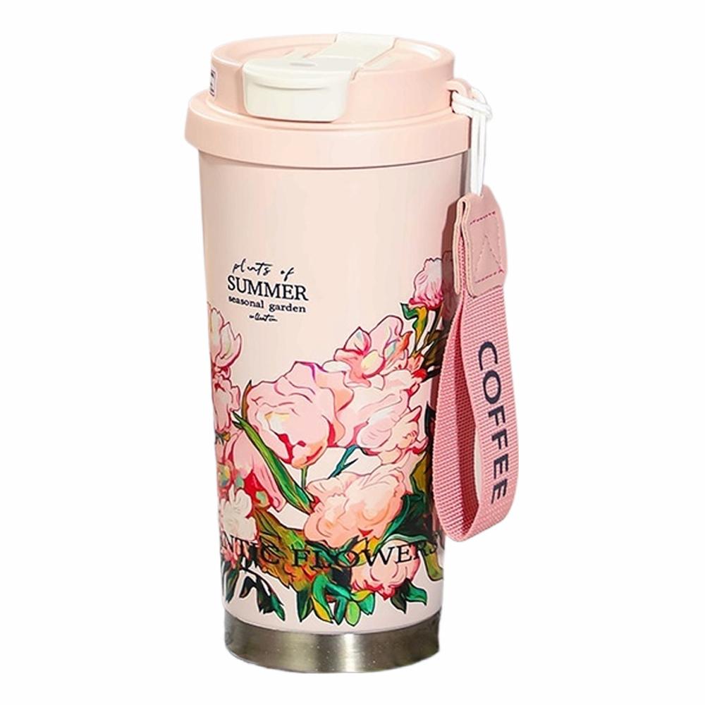 Floral Boho Coffee Tumbler 500ml, Summer Sunflower Flower Thermos Coffee Cup Travel Mug With Leakproof Lid Double Wall Vacuum