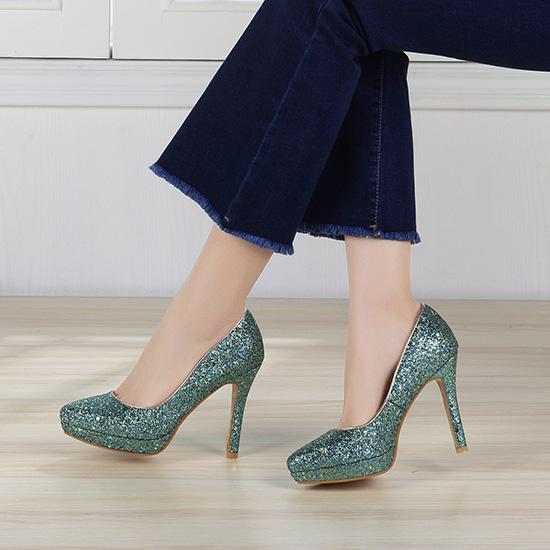 Women's High-heeled Single Shoes Fashion Sequined Banquet Wedding Shoes Waterproof Table Fine Heel Shallow Mouth Large Size Four-season Shoes