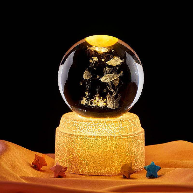 3D Laser Engraved Crystal Ball Night Light - Underwater World Design, Perfect for Classmates & Best Friends' Birthdays