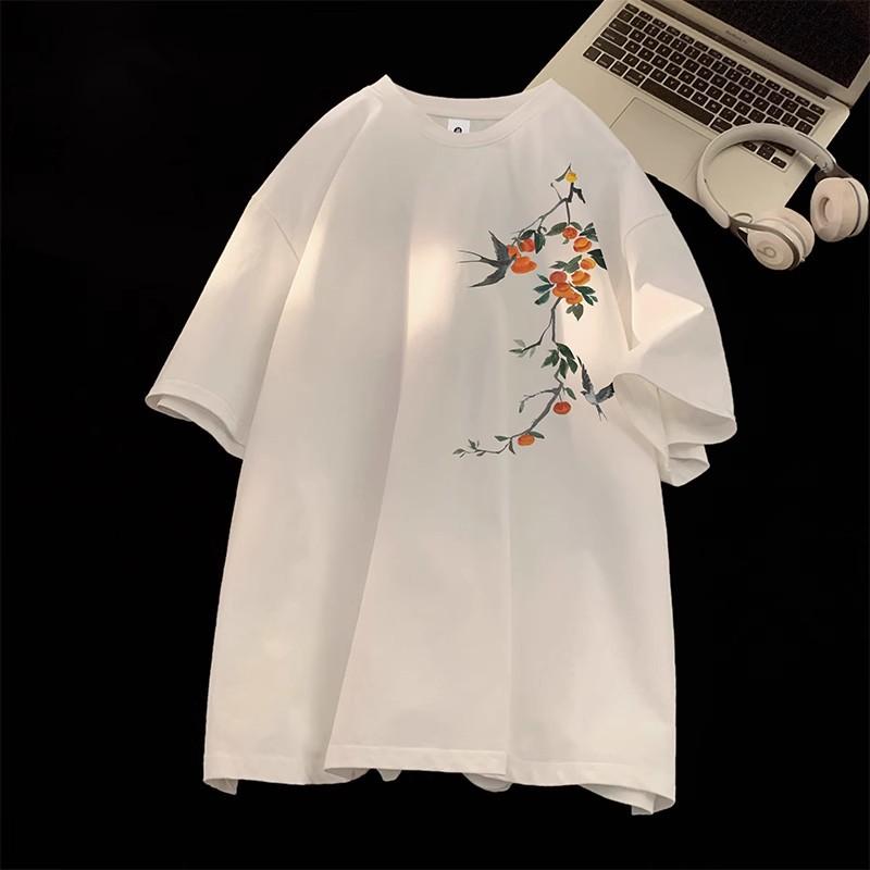 Camiseta de Manga Corta de Moda Versátil Holgada Holgada de Estilo Nacional para Mujer de Verano