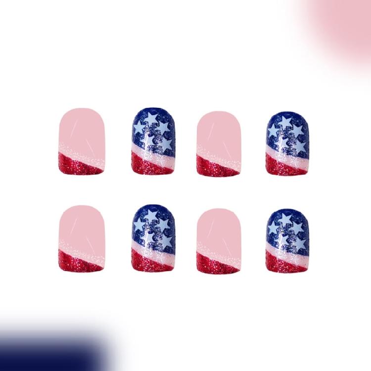 Unghia Finta Quadrata French Tip Unghia a Pressione Copertura Totale Unghia Finta Giorno dell'Indipendenza Unghia da Incollare Unghia Finta Patriottica
