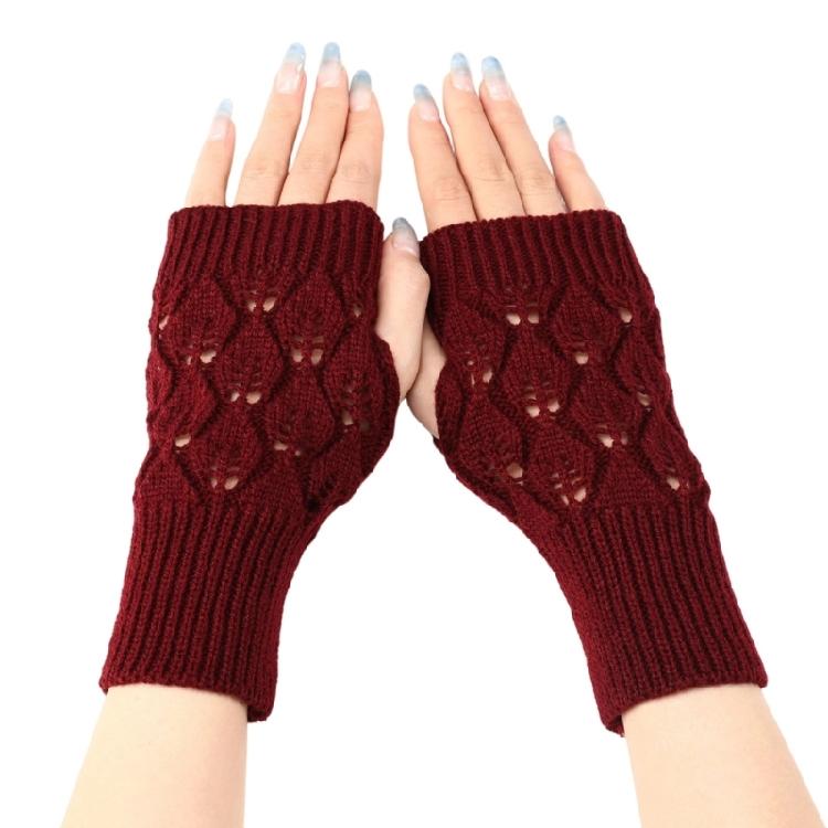 Knit Gloves Textured Leaf Design Soft Acrylic Fabric Cold Weather Fingerless Handwear Unisex Solid Color