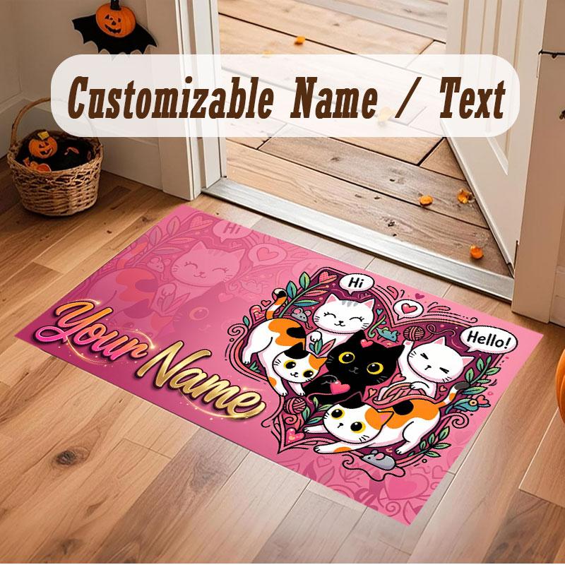 Cat Theme Crystal Velvet Floor Rug Personalized Custom Name Text Warm Carpet Home Decoration
