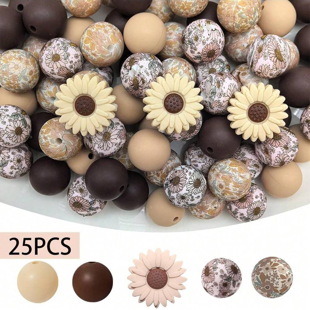 25PCS daisy and floral printed silicone bead set, punk style, suitable for DIY keychains, bracelets, bead pens