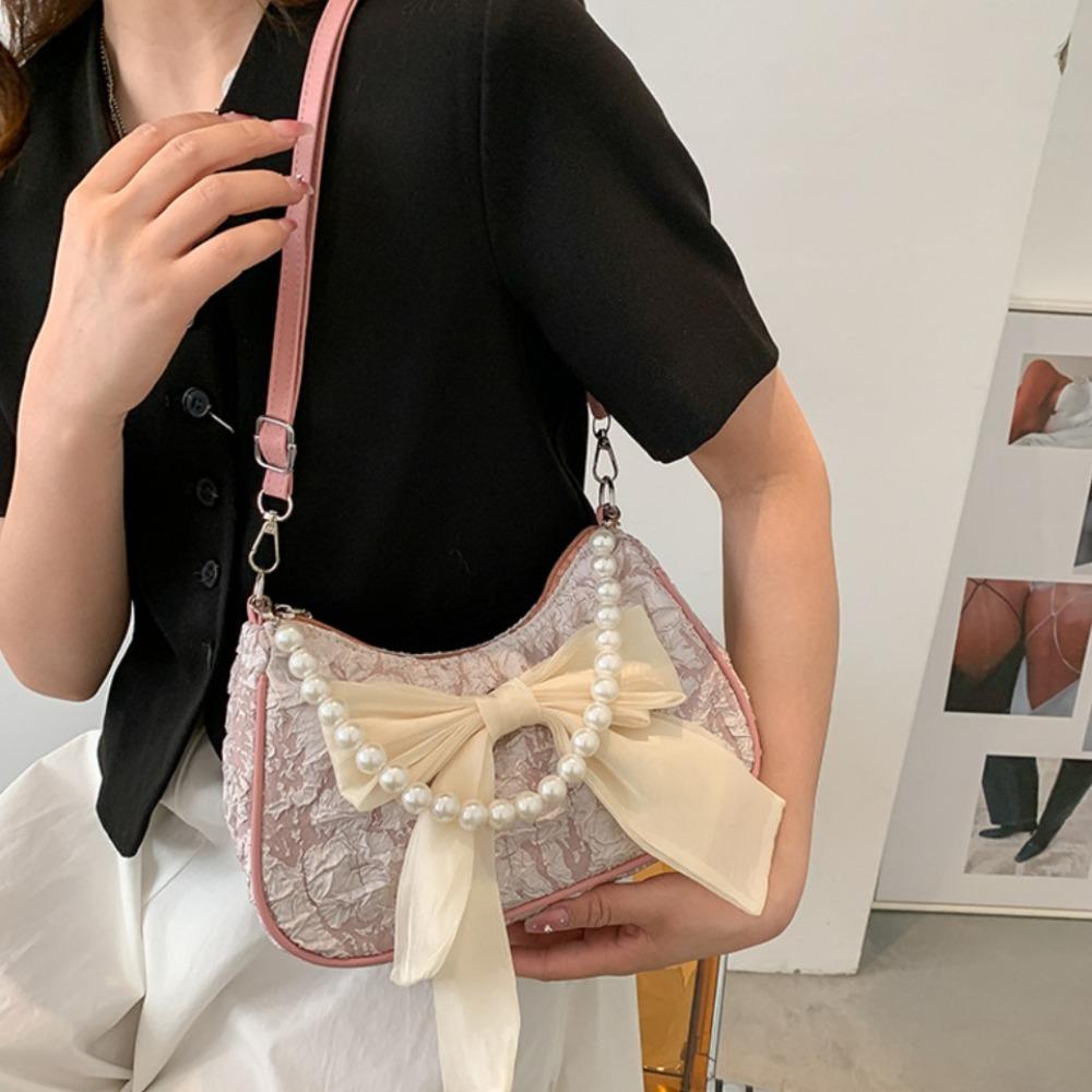 Pearl Bow Shoulder Bag Canvas Small Square Bag Luxury Bow Underarm Bag  Girls