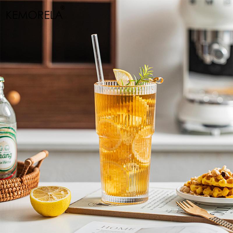 KEMORELA 2/4PCS Ribbed Glass Tumbler 590ML Large Capacity Drinking Glasses for Family gathering Iced Coffee Juice and Cocktails