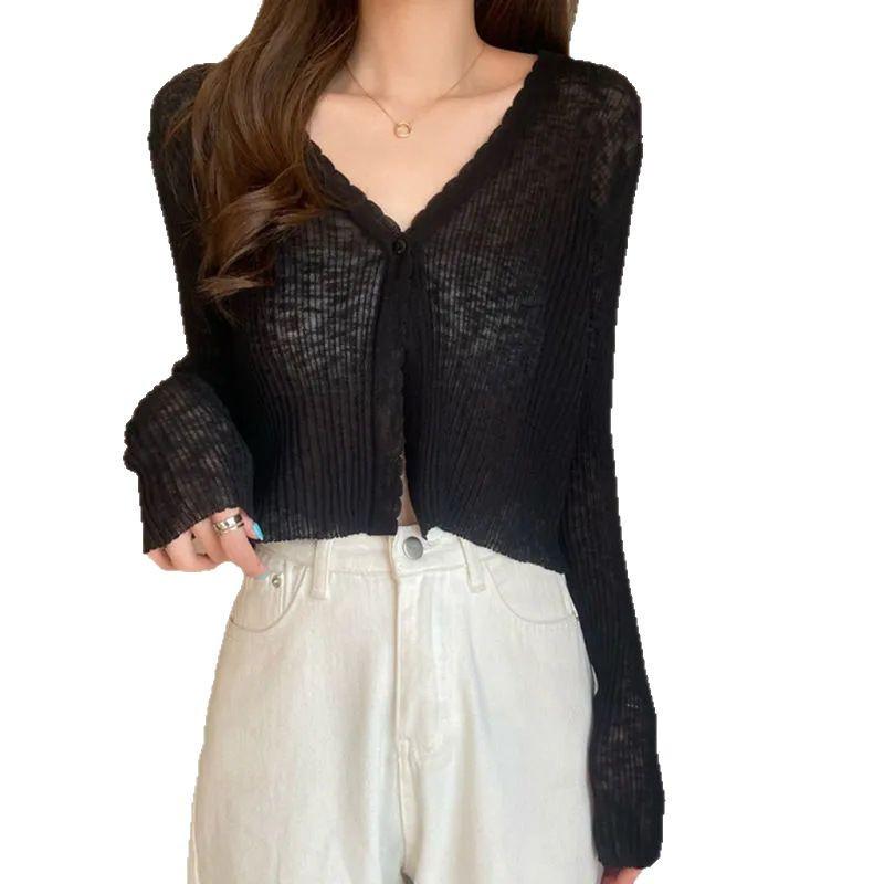 2025 Summer Ribbed Ice Silk Long Sleeve Knitted Cardigan – Women's Lightweight, Micro-Transparent, Hollow Out, Sun Protection.