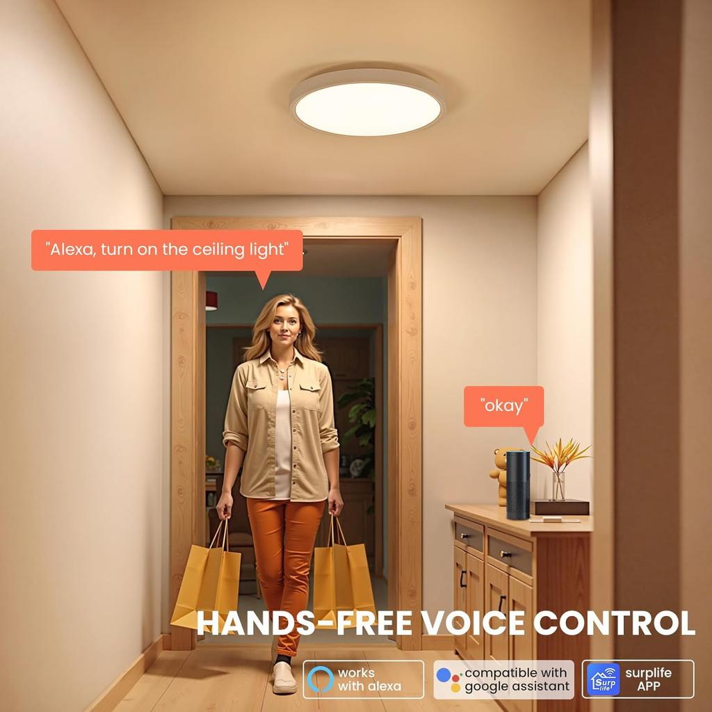 Smart RGB Ceiling Light LED Works with Alexa Flush Mount Light Fixture DIY Colors WiFi Dimmable Low Profile Ambient Light Fixture for Bedroom Living
