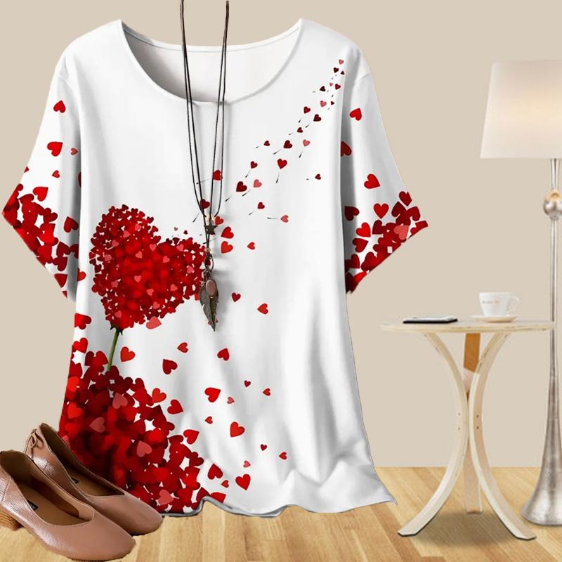 

Женская повседневная свободная весенняя рубашка, женские топы с коротким рукавом и принтом «Лепестки любви» 5XL красный