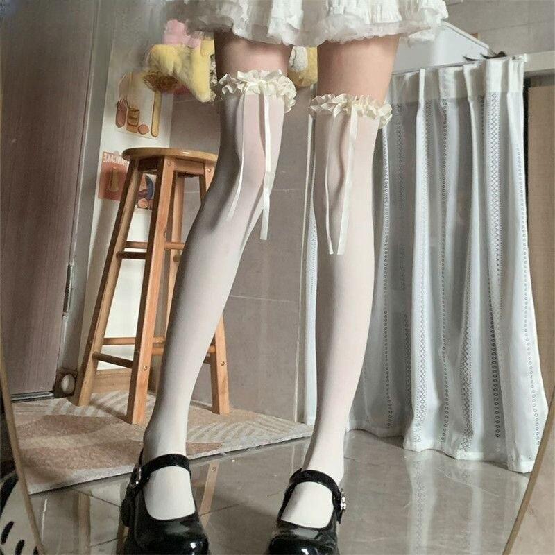 Ballet-Style Bow Over-The-Knee Socks Lace Socks Jk Style Openwork Socks