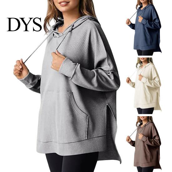 Waffle Texture Women Hoodie Fall Spring Big Pocket Drawstring Hooded Loose Slit And Autumn For Hem Pure Color Knitted Sportwear Top Warm Winter