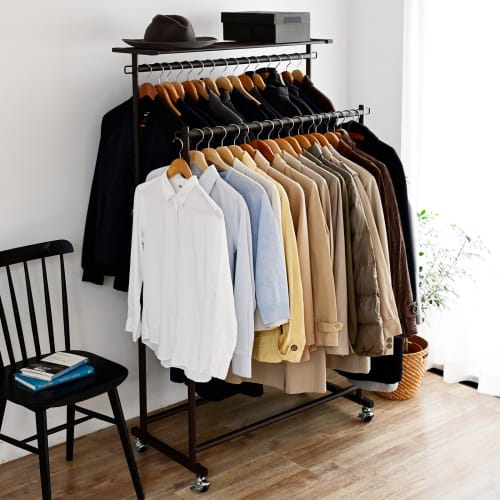 Yamazen (YAMAZEN) Heavy-Duty Clothes Rack with Casters and Shelves, Double Size, 91.5cm Wide x 48.5cm Deep x 114cm High (118.5-173.5cm High), 12 Adjus