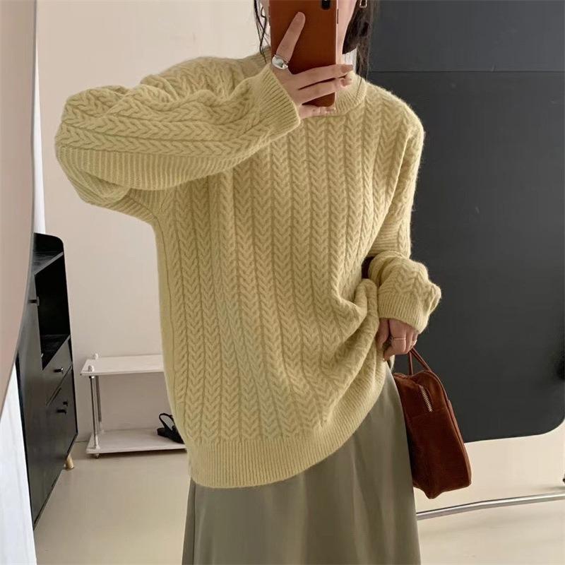 Soft Waxy Round Neck Twist Pullover Women's Top Autumn and Winter New Retro Lazy Premium Knitted Sweater Women's Clothing