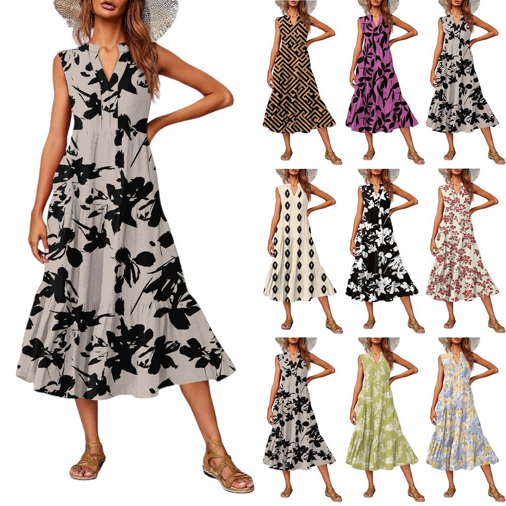 Women's Casual And Fashionable V-neck  Sleeveless Printing Mid Length Dress
