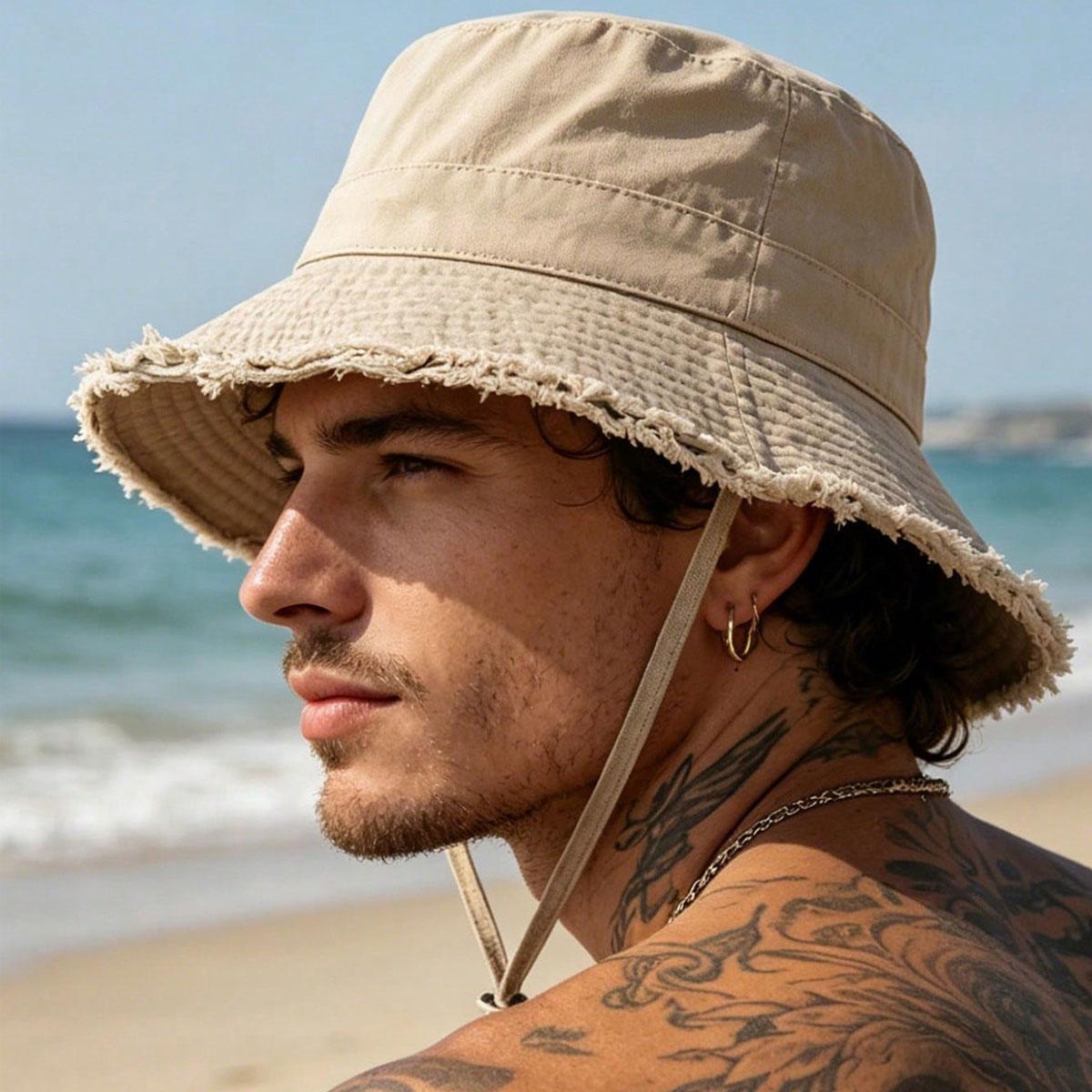 Zealous Sole Men's Beige Fashion Fisherman Hats Foldable Bob Bucket Hat With Big Brim Sunscreen With Adjust Chin Rope Caps Beach Fishing Gorras Hat Cm
