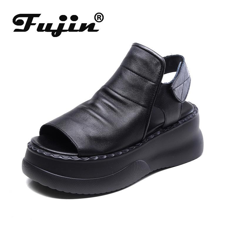 

Fujin/ботинки из натуральной кожи 6,5 см, женские модные летние сандалии с крючками, полые ботильоны, мотоциклетные мокасины, обувь 35 бежевый